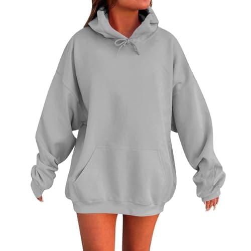 Image of AMDOLE Hoodies for Women UK Oversized Hoodie Women Winter Cute Sweatshirts Solid Color Pullover Fashion Tops Ladies Trendy Outfits Over Sized Hoodies with Pockets 1-Grey L