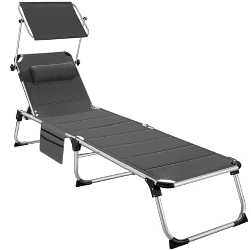 Image of tectake® Folding Sun Lounger with Padding - Adjustable 6-Position Backrest & Sun Canopy, Aluminium Frame, Side Pocket & Removable Headrest - Weather- & UV-Resistant Garden Chair - Grey