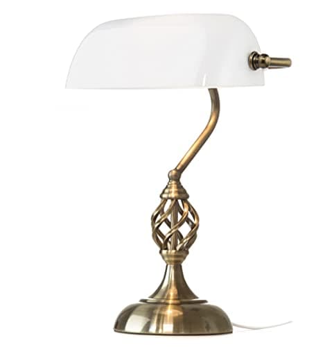 Image of Kingswood Barley Twist Traditional Bankers Lamp - Antique Brass - Opal Glass - Desk/Table Lamp