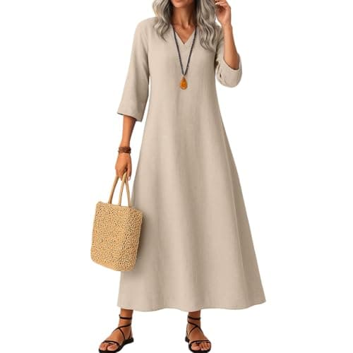 Image of Women's Dress Summer Fall Linen Dresses Casual V Neck Midi Dress Long Sleeve A-line Sundress Solid Colour Maxidress,Beige,M