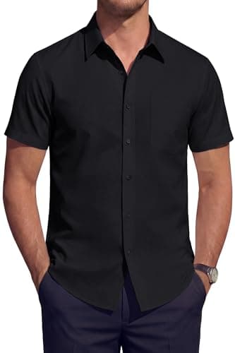 Image of HISDERN Men's Short Sleeve Shirt Stretch Non Iron Formal Summer Button Down Shirts Regular Fit Business Office Smart Casual with Pocket Black L