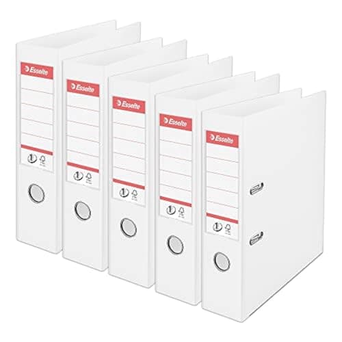 Image of Esselte, A4 Lever Arch File, 75 mm Spine, 500 sheets Capacity, PP, Plastic Cover, No. 1 Mechanism, Files & Folders, White, 5 Pack, 162510