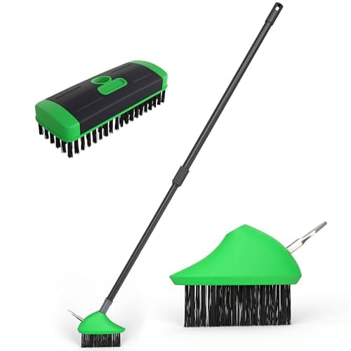 Image of 3 in 1 Telescopic Weed Remover Brush Wire Head Paving Decking Clean Scrub Moss Weed Remover Tool Wire Brush Scraper Set with Metal Broom & Weed Removal Head Green
