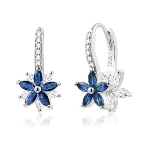 Image of Weviway 925 Sterling Silver Double Floral Sapphire Earrings with White Crystal, Drop Leverback, September Birthstone (2cm×1cm)