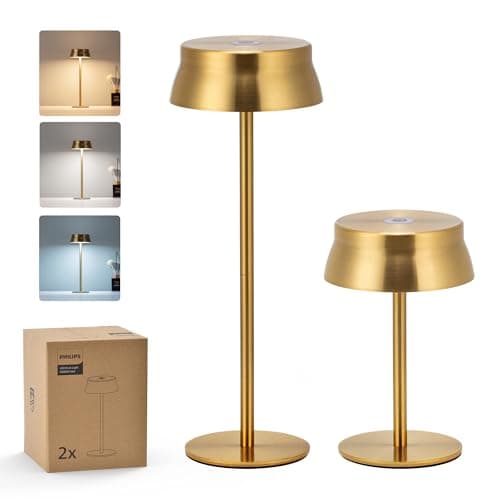 Image of Philips Cordless Table Lamp, Portable Outdoor LED Desk Light, Rechargeable Battery Operated, 2 Adjustable Height, Touch Control & 3 Color Stepless Dimming, Waterproof Lamps for Bedroom, Gold