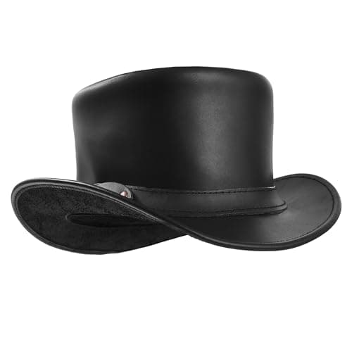 Image of Sidewinder Top Hat for Men & Women Stylish Costume Handmade Cowhide Leather Waterproof with Shapeable Brim Headband Fashion Steampunk Black