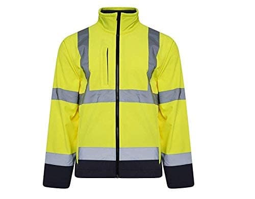 Image of Inspire Me Hi Viz High Visibility Safety Workwear Jacket Hem Multi Zip Pockets Two Tone Light Weight Fleece Lining Softshell Security (Yellow/Navy,XL)