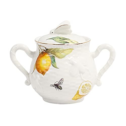 Image of Sizikato Porcelain Sugar Bowl with Lid, 10oz Sugar Service Bowl for Tea Coffee Milk. Lemon and Bee Pattern
