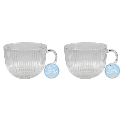 Image of Cooke & Miller Glass Cappuccino Cups Set of 2 Clear Large Round Coffee Cup Drinking Mugs Coffee Glasses 500ml for Tea Latte Hot Chocolate Drinks Home Café, Ribbed, Dishwasher Safe