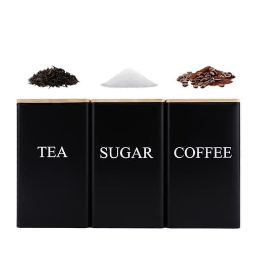 Image of Gabrella 3 Piece Tea Coffee Sugar Canister Set - 1000ml Metal Airtight Kitchen Storage Tins with Bamboo Lids & Chalkboard Labels for Countertop Organisation, Black
