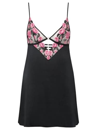 Image of Ann Summers Everlasting Love Chemise - Satin Lingerie Dress with Floral Embroidery, Ladies Nightdress with Adjustable Straps Nighties for Women Black/Pink