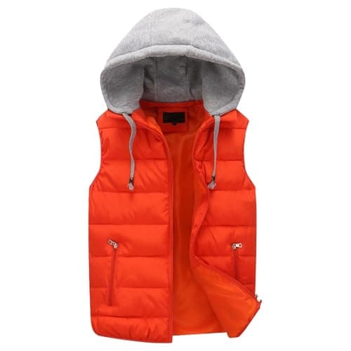 Image of Removable Hooded Puffer Vest for Men Winter Sleeveless Padded Outdoor Quilted Jacket Outerwear Orange Large