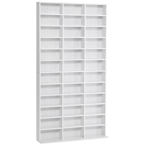 Image of HOMCOM 1116 CD/ 528 DVD Storage Unit, Media Storage Shelf, Wooden Display Unit with Adjustable Shelves, 102 x 195 cm, White