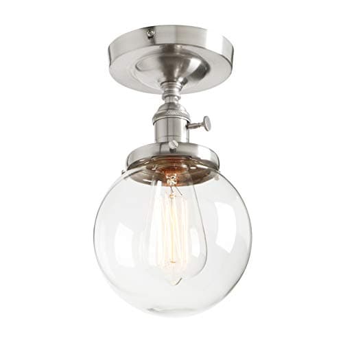 Image of Phansthy Vintage Ceiling Light Fitting with Switch, Modern Clear Glass Flush Mounted Ceiling Lamp E27 Base, Hallway Lighting Fixtures Suitable for Kitchen Loft Cafe Bar (Brushed Steel)