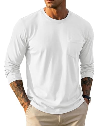 Image of MAGCOMSEN Men's Long Sleeve T-Shirt Cotton Breathable T-Shirts Crew Neck Moisture Wicking Casual Tops with Pocket,White,XL