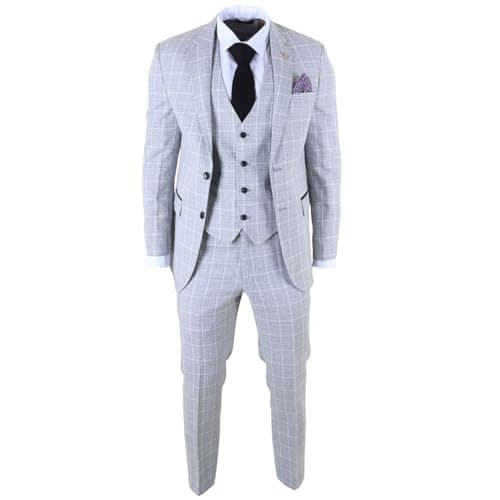 Image of Men's Grey 3 Piece Check Suit Tailored Fit Formal Dress Suits - Grey 38
