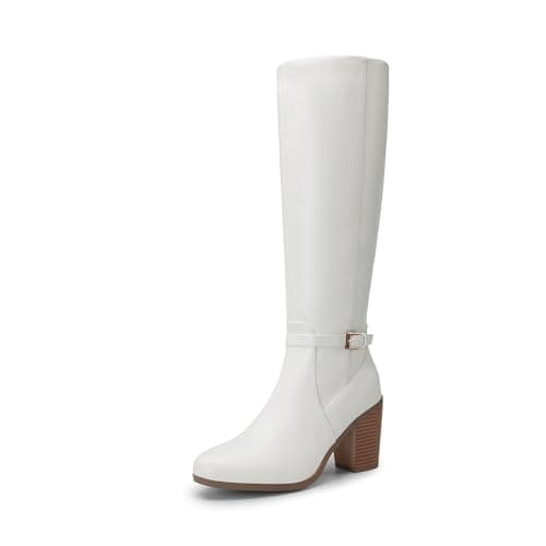 Image of DREAM PAIRS Women's Knee-High Boots, Comfortable Chunky Block Heel Pointed Toe Pull On Side Zipper Suede Slouch Riding Boots SDKB2403W,Size 9,White-Pu,SDKB2403W