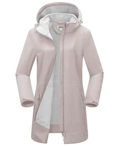 Image of Outdoor Ventures Women's Softshell Long Jacket with Hood Fleece Lined Windproof Jacket for Women Waterproof Windbreaker Khaki M
