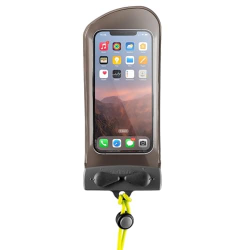 Image of Aquapac Waterproof Phone Case, Mini, Grey, Lanyard, iPhone and Android, Made in The UK, Hiking, Mountain Biking, Running Accessory, Floating, 5 Year Warranty. IPX8 certified to 30 ft deep.