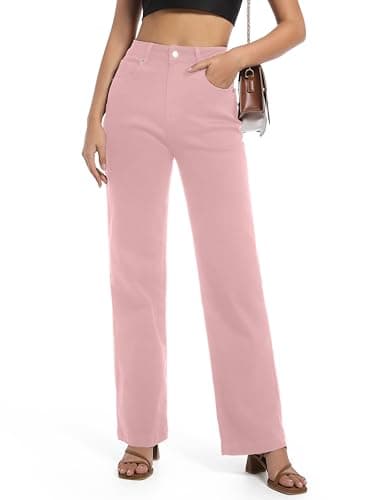 Image of Guaile Women's Jeans High Waisted Straight Leg Stretchy Jeans Trendy Wide Leg Tummy Control Loose Casual Denim Pants, Pink, 12
