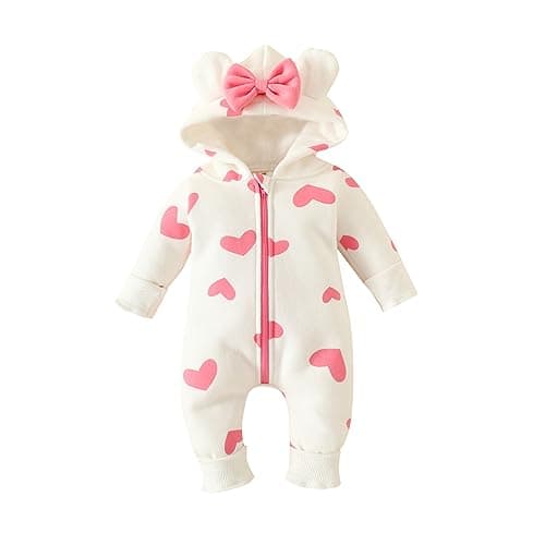 Image of Carolilly Baby Girls Romper Winter Warm Infant Baby Jumpsuit Romper Bear Ear Snowsuit Newborn Hooded Romper Warm Coat Heart/Cow Pattern Long Sleeve Zipper Romper Daywear(Pink White Heart, 3-6 Months)