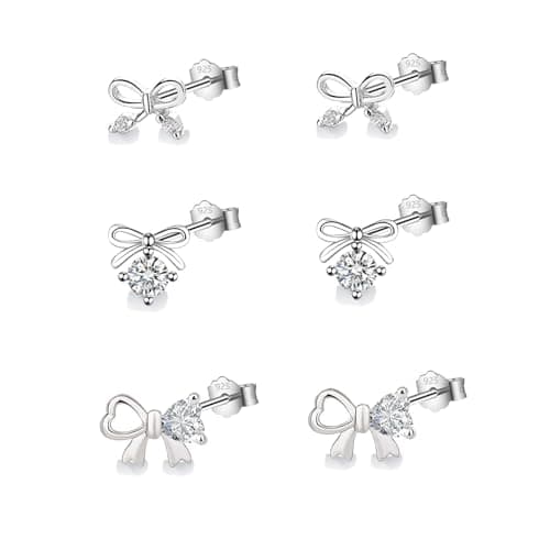 Image of HinDaLi 3 Pairs 925 Sterling Silver Bow Stud Earrings for Women Girls Crystal Tiny Heart Bowknot Ear Studs Women Earrings Cubic Zirconia Ribbon Bow Silver Studs Sleeper Cartilage Hypoallergenic