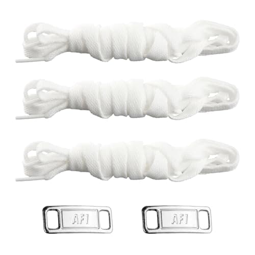 Image of Tabanzhe 3 Pairs Flat White Shoelaces with 6PCS AF1 Airforce One Lace Tag Metal Shoe Laces Buckle for Sneakers Trainer Shoelaces Replacements Athletic Shoe Laces Shoelace Charms Tag Lock