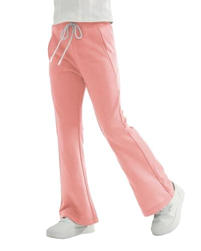 Image of Rolanko Girls Jersey Pull Up Trousers, Bootcut Elasticated Waist School Uniform Plain Flared Joggers Pants, Pink, Size: 6-7 Years/130