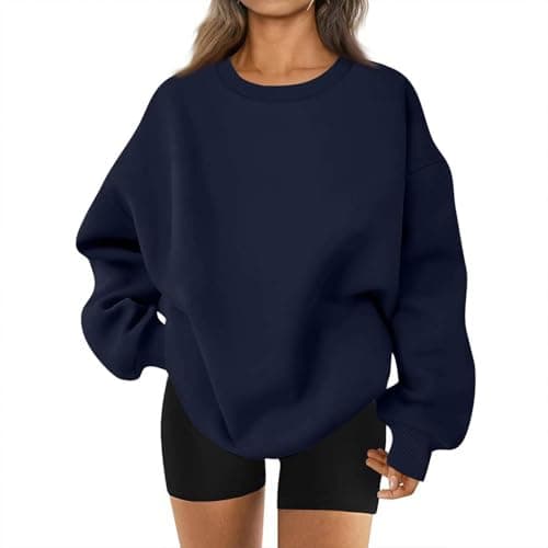 Image of Womens Sweatshirts Oversized Crewneck Fleece Pullover Hoodies Trendy Cute Long Sleeve Drop Shoulder Sweater Tops 01-Navy M