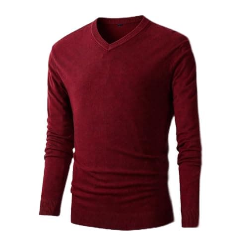 Image of Mens Casual Slim Fit Basic Designed V-Neck Pullover Sweater (616 Burgundy,M)