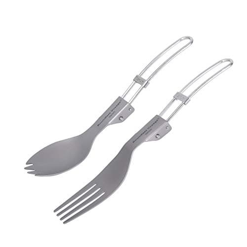 Image of iBasingo Camping Cutlery Set Titanium Folding Spork Fork 2 in 1 Spoon Outdoor Travel Portable Tableware Small Lightweight Flatware Business Trip Picnic Hiking Fishing Dinnerware with Pouch Ti1025T