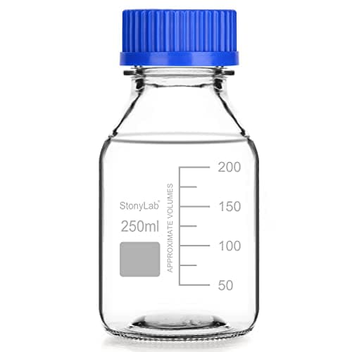 Image of stonylab Graduated Storage Bottles with GL45 Screw Cap, 250 ml Glass Clear Round Lab Reagent Media Storage Bottles with Blue Screw Cap, 1 Pack