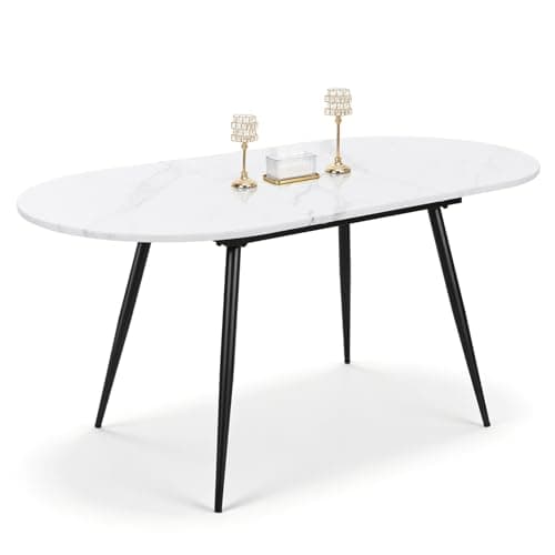 Image of Luxstein Extendable Dining Table, 120-160 cm Grey Concrete Effect Oval Kitchen Table, 4-6 Seater for Dining Room & Kitchen
