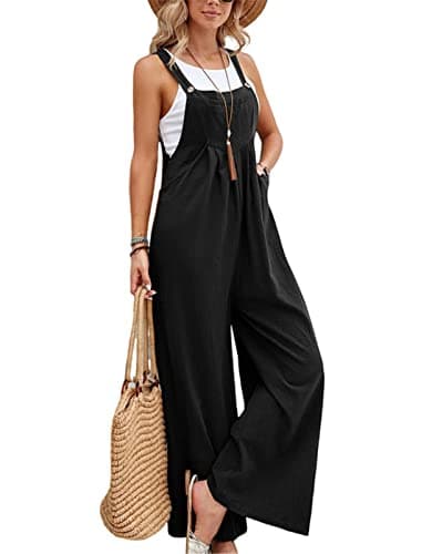 Image of SotRong Dungarees for Women Uk Cotton Linen Culotte Jumpsuits & Playsuit Wide Leg Jumpsuit with Pocket Summer Holiday Boho Hippie Romper Casual Sleeveless Comfy Petite Overalls Black XL