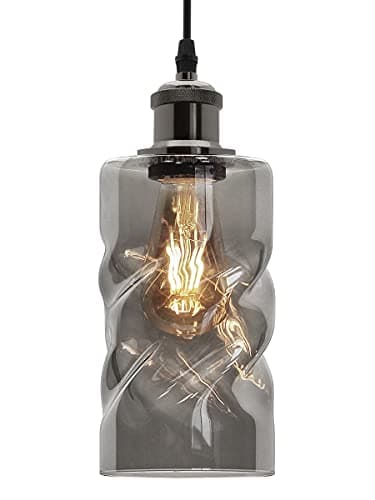 Image of Retro Vintage Glass Pendant Light Grey Smoked Ceiling Lamp Shade Twisted Antique Black Nickel Holder M0242