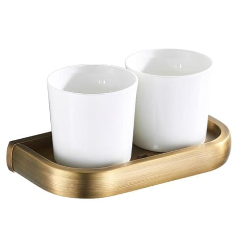 Image of Bathroom Toothbrush Tumbler Holder with Glass Cup Wall Mounted, Brass Bathroom Accessories Double Toothbrush Holder Cup Holder with Two White Ceramic Tumbler for Bathroom,Antique