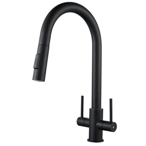Image of Kitchen Tap with Pull Out Sprayer NewEast Swan Neck Kitchen Sink Mixer Tap Matt Black Dual Lever Swivel Spout Monobloc Kitchen Faucet