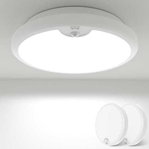 Image of Peasur 2 Pack Motion Sensor LED Ceiling Light Battery Operated, 6000K 300LM, Ø18cm White Bath Ceiling Lights, Wireless for Loft, Garage, Shed