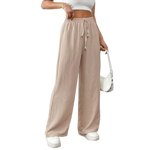 Image of Risipu Women Linen Trousers Summer Wide Leg Trousers High Waisted Breathable Palazzo Casual Cotton Pants with Side Pocket (M, Khaki)