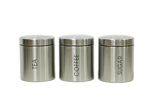 Image of Kabalo Set of 3 Silver Tea Coffee & Sugar Canisters Kitchen Storage Containers Jars Stainless Steel Pots (10cm x 12cm each)