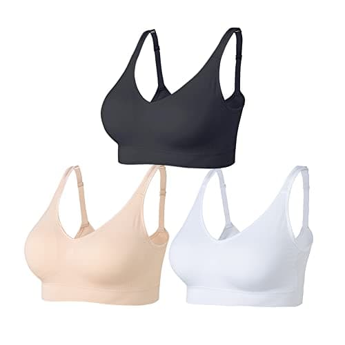 Image of Amazingjoys Non Wired Bras for Women Seamless Wireless Bras with Removable Pads 3 Pack,Black+White+Beige,2XL (AMS33)