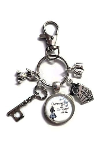 Image of Curiouse & curiouser said Alice 20mm glass cabochon bag clip keyring WONDERLAND themed gift, Alice rabbit key book lover novelty birthday Xmas present