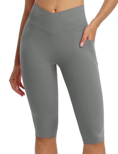 Image of baleaf Women's Knee Length Capri Leggings with Pockets Capris High Waisted Yoga Casual Workout Exercise Dark Grey XL