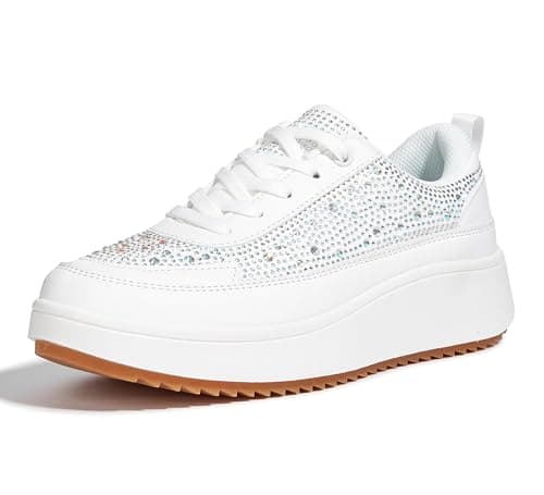 Image of LUCKY STEP Women's Platform Sneakers Rhinestone Fashion Chunky Casual Sparkly Braided Walking Shoes (White Rhinestone, 8.5US-39EU-6UK)
