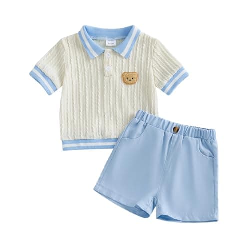 Image of Siyova Toddler Baby Boy Summer Outfit Short Sleeve Cute Bear Embroidered Lapel Cable Knit Tops and Solid Shorts Little Boys 2 Piece Shorts Set Casual (Blue, 12-18 Months)