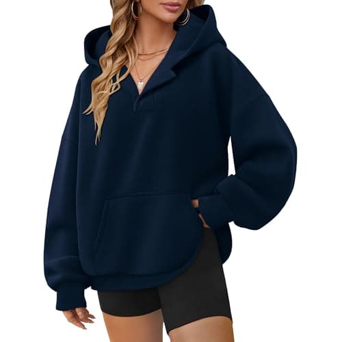 Image of Elesomo Ladies Hooded Sweatshirts Long Sleeve V Neck Hoodie Pullover Winter Fashion Fleece Tops, Navy Blue M