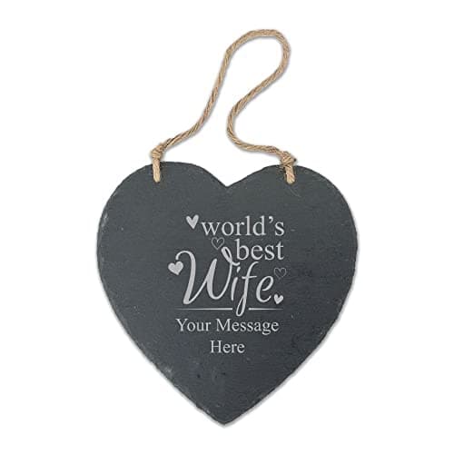 Image of Personalised Engraved Large Hanging Heart Slate with World's Best Wife Design, Personalise with Any Message for Valentines, Anniversaries