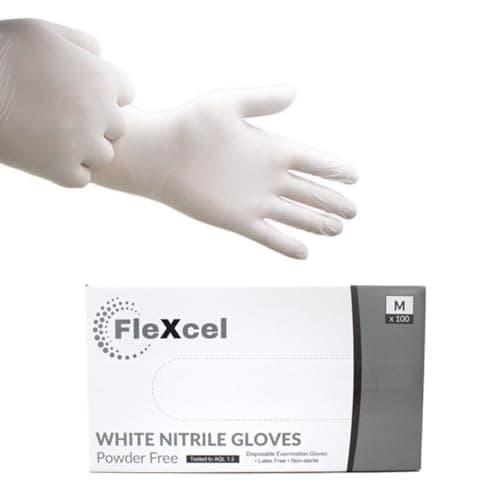 Image of FleXcel White Nitrile Gloves (Box of 100) Size Large - Multipurpose Powder Free, Latex Free, Medical Grade, Food Safe Examination Gloves - AQL 1.5 PPE Regulation 2016/425 Category III Certified