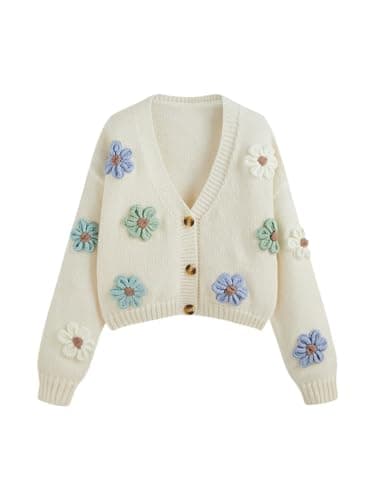 Image of CIDER Women’s Floral Cropped Cardigan Cute Flower V Neck Button Down Trendy Sweater, White, Small