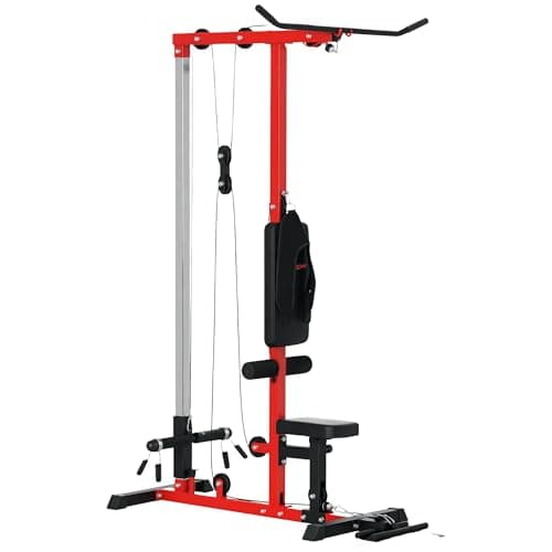 Image of SPORTNOW Lat Pull Down Machine with Adjustable Seat, High and Low Pulley Cable Machine with Flip-Up Footplate, Multi-Function Home Gym Fitness Equipment - Red